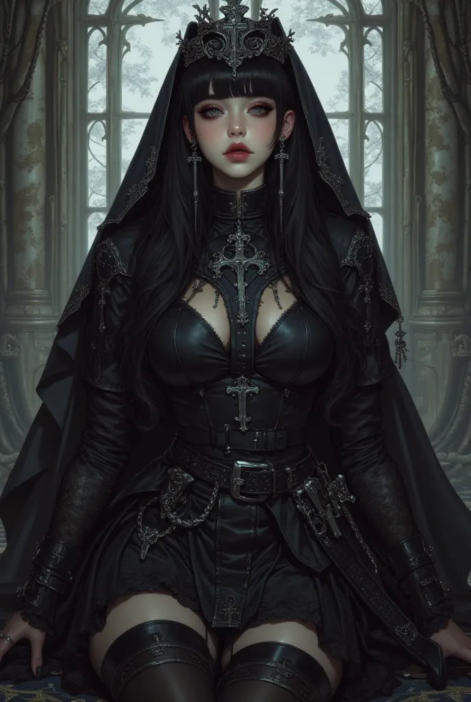 gothic woman in black leather outfit , cyberpunk art by Yang J, cgsociety contest winner, gothic art, cruel korean goth girl, gothic horror vibes, dark and horror style, beautiful vampire queen, ominous gothic aesthetic, gothic aesthetic, dark fantasy styl...