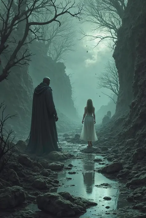 Hades watches Persephone from afar while she is strolling in the rivers of the underworld 