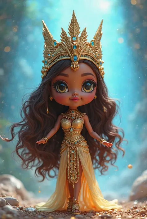 Bratz chibi doll dressed as an Egyptian goddess, her hair in shades of brown adorned with a triumphant crown, everything is in shades of heavenly blue