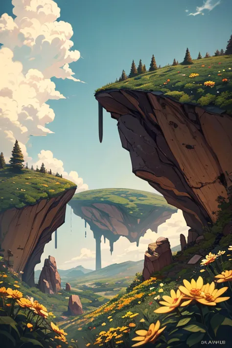 masterpiece, bottomless abyss, colorful flowers and giant trees. Beautiful sky and rocks in the distance. Adventure landscape. highest quality, detailed.