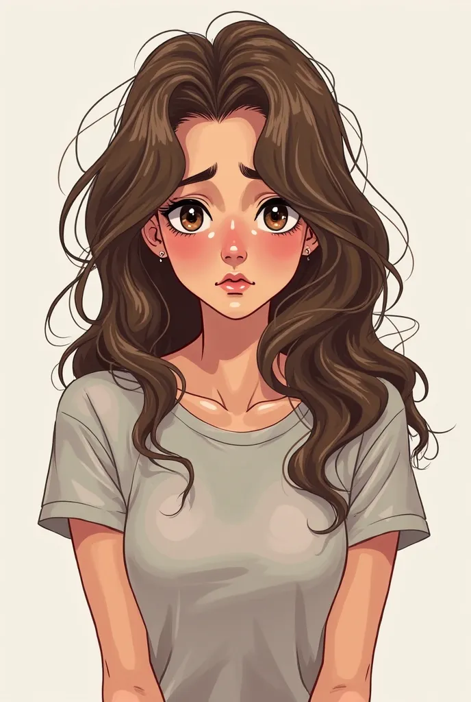 A young adult woman with long, wavy brown hair, large expressive eyes, and a sorrowful, downcast gaze. Her face reflects sadness, melancholy, and discouragement, with well-defined features and stylized proportions while maintaining a cartoon-like feel. She...