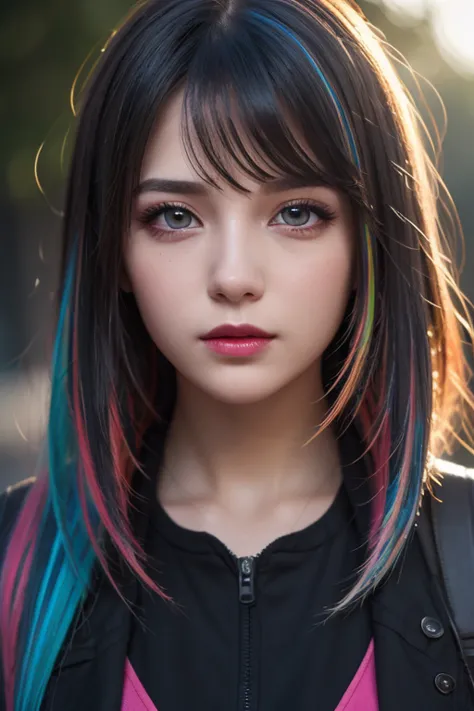 {{Masterpiece}},  best quality ,  Highly Detailed CG Unity 8K Wallpaper,  Cinematic Lights,  lens flare ,  beautiful detail eyes , black,  Sideways glance,   multi colored hair,  colorful  light, particle, Heterochromia, ( colorful :1.5), ( colorful  hair:...