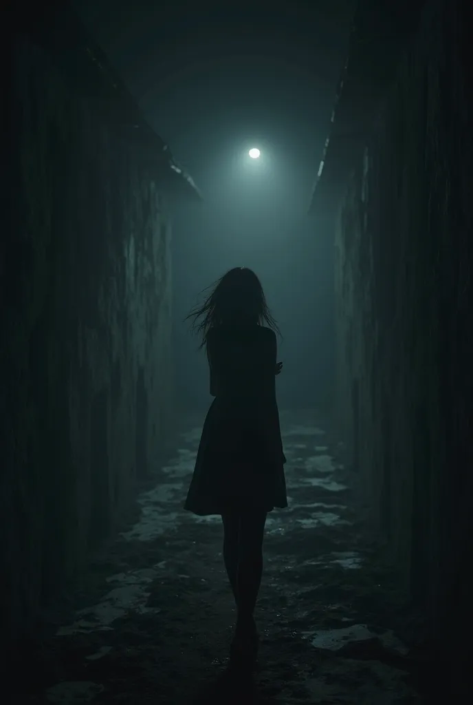 The same young woman is in an empty and dark space, with the feeling of being lost. A small light is seen at the end of a tunnel, symbolizing the hope of finding his way.