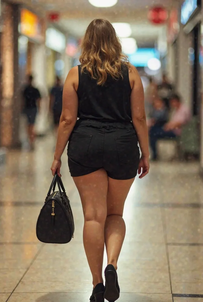 there is a woman walking down a hallway with a purse, a picture by Nándor Katona, reddit, hyperrealism, uhd candid photo of dirty, round thighs, wearing black shorts, short robust woman, dressed in a top and shorts, large thighs, at a mall, seen from the b...