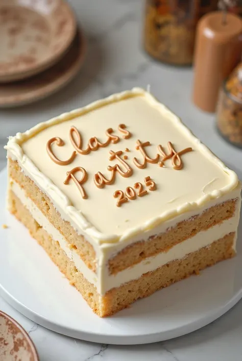 Create a 2 pound vanilla flavoured square shape cake which wrote with CLASS PARTY-2025 And AMT-9th batch