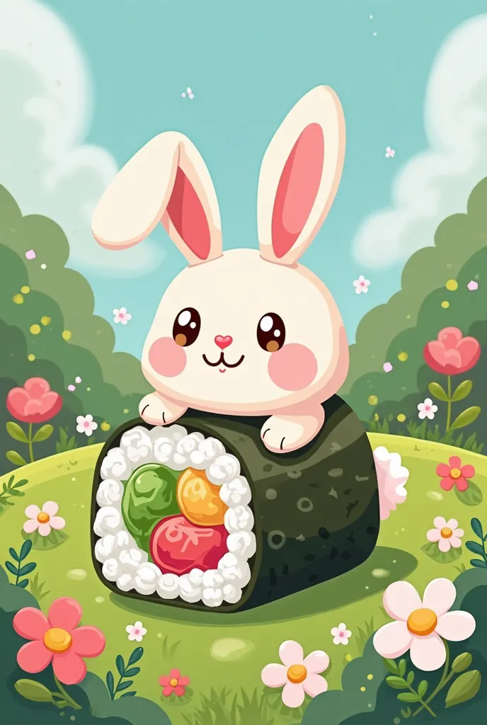 Make a cartoon drawing of a bunny sushi roll with flowers and grass in the background 