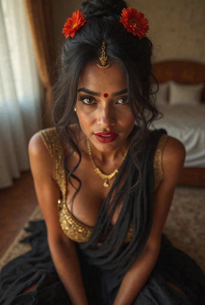 Pov camera view, Indian milf on her knees, looking at camera, with lust in her eyes, black hair tied around, flowers in head,sandal mark on forehead, sindhur on forehead (vermilion mark on forehead in the middle of hair partition,black saree , dark red lip...