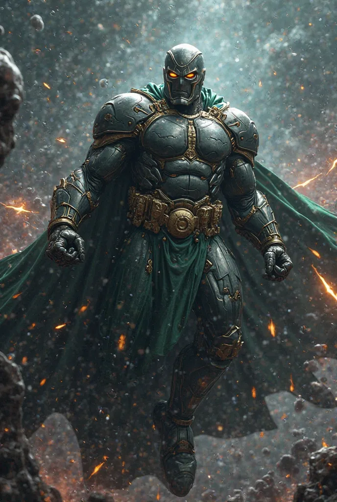 DR. doom, with classic armor and cape, Flying and fighting in space.  Whole body, HD image,  dark background.