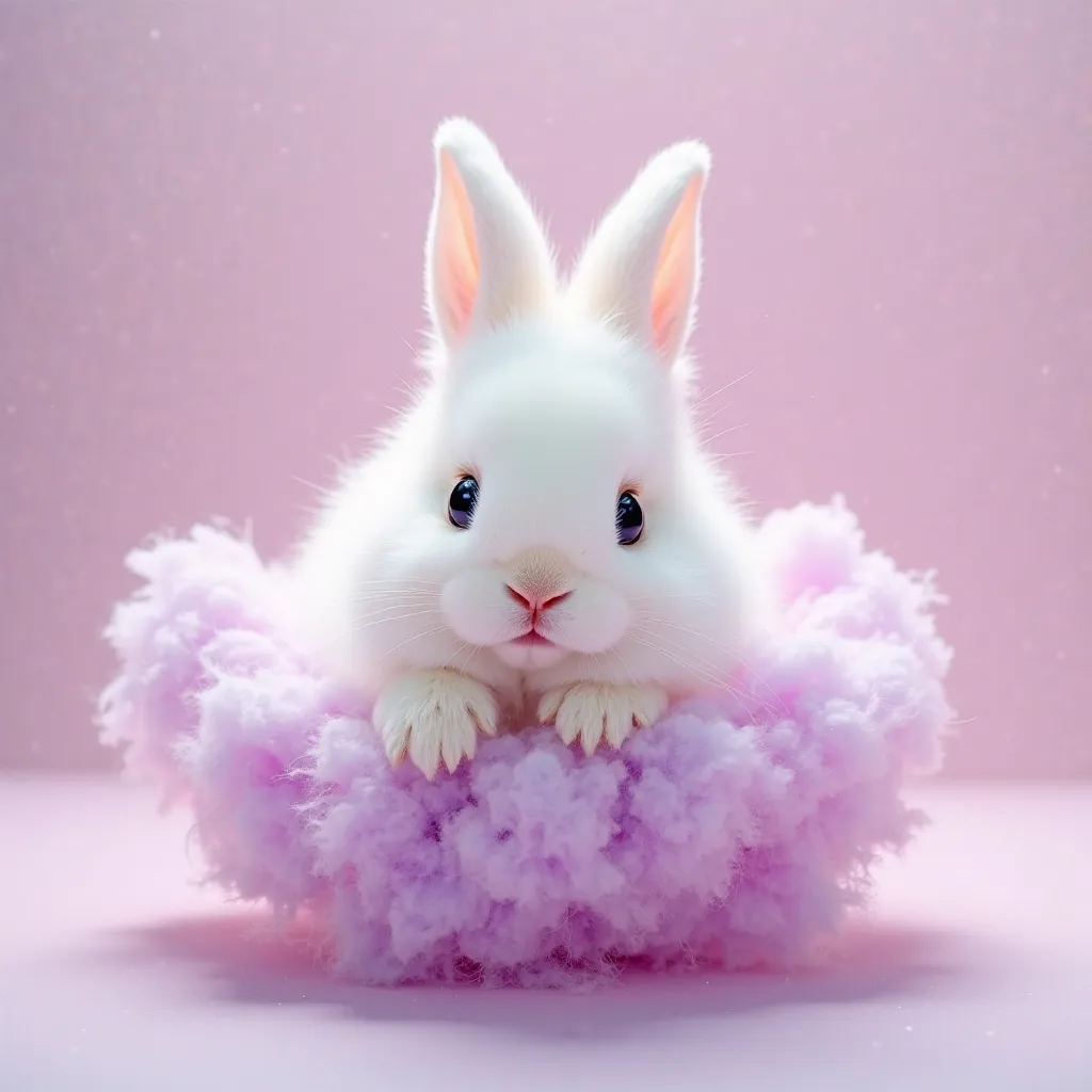 Cute white baby bunny, extremely fluffy soft lighting tierno, cotton candy, vibrant colors, en una cesta con flores purple, simple minimalist background, pompoms, extremely fluffy pet, simple background, fantasy art, soft lighting, 4K resolution, highly de...