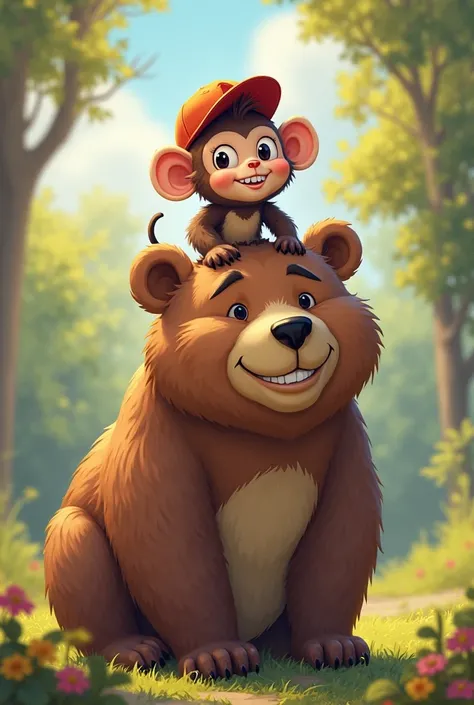 A monkey and a bear who wear baseball caps and are friends