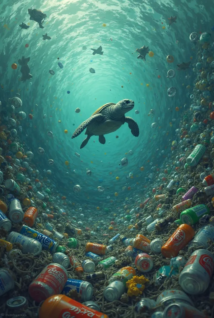 create an image in animation format in the context of heavy pollution in the sea, where there are soda bottles, water bottles, snack wrappers, candy wrappers