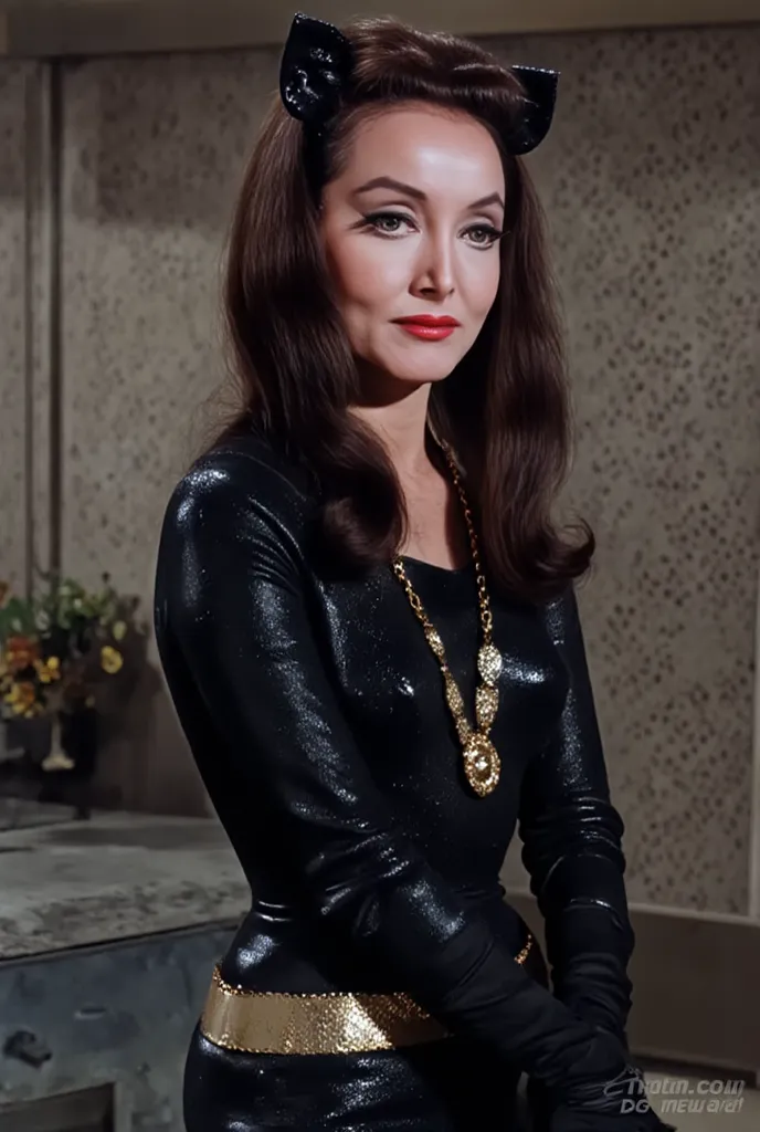 tallulah bankhead as 1966 batman villainess black widow.  woman's age is mid  50s, wearing her tight fitting black outfit, she is slim, wearing black earrings, wearing black leather gloves, wearing black knee high leather boots, standing looking ahead