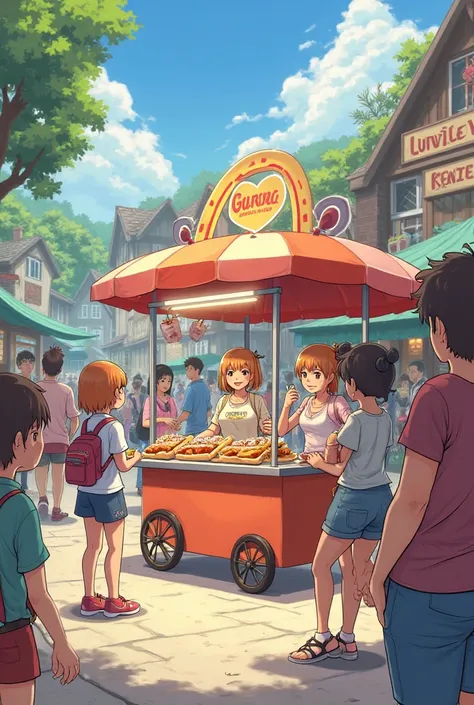 The girls sell hot dogs to visitors to their village with a hot dog cart with the name of GURA with a rainbow and lots of color and flavor in the hot dogs