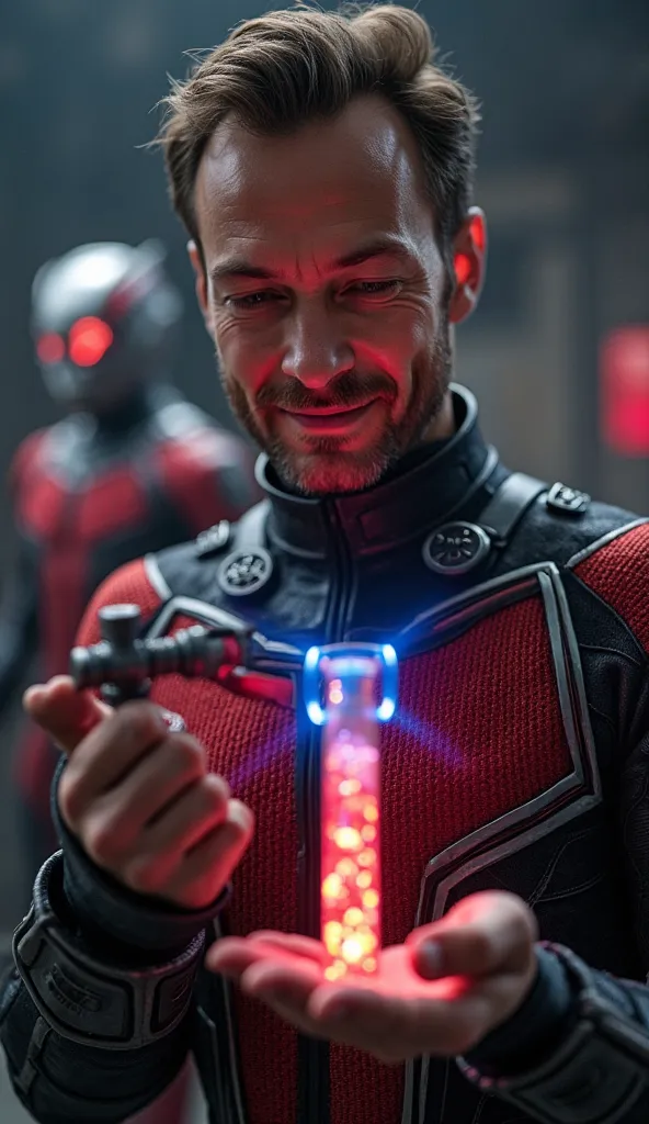 "Hank Pym holds a small test tube containing glowing red and blue Pym Particles. Around her , the high-tech experimental device shines faintly. His expression was full of admiration and satisfaction. In the background, there is a concept image of Ant-Man's...