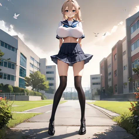 masterpiece, landscape, school, (longtorso_v0.63_pony), large breasts, BREAK, very skinny girl standing, arched back, tiptoe, pigeon toed, BREAK, school uniform, sailor uniform, roo short skirt, thigh gap, black thighhighs, BREAK, bouncing large breasts, (...