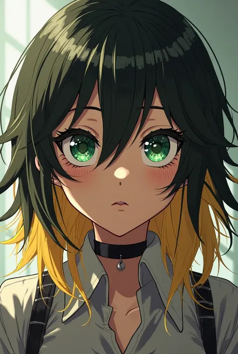  My Hero Academia, chica, jet black hair with blonde locks, light brown skin and large emerald green eyes