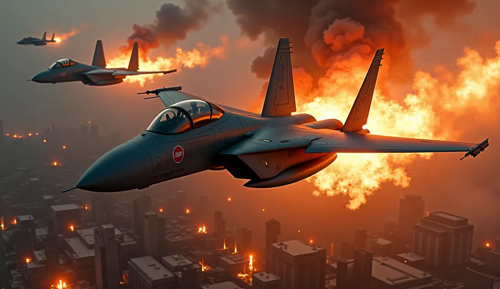 F-15C over an industrial city bursts into flames due to、B-52s bombing an industrial city at night and F-15C escorting it