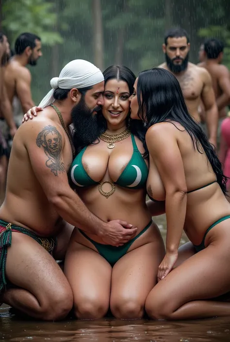 Four aged muslim men and king Ravan hugging and kissing  durga maa wearing sexy transparent micro bikini of turky and pakistani flag, thick thighs big big hips , showing naked thighs and buttock. She is wearing sindur and carrying trisul and sitting on her...