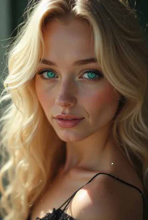 Create a blonde with heterochromia one green eye another blue with a smile and a flashy look