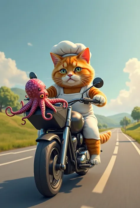 A highly detailed, realistic road scene featuring a chubby, fluffy orange cat with soft fur, white paws, and a striped tail, riding a modern motorcycle down a smooth highway. The cat is dressed as a chef, wearing a clean white apron tied securely around it...