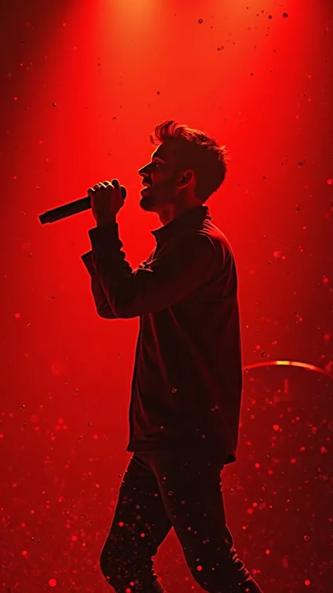 Silhouette of a young man singing on a red stage with red paint scattered。