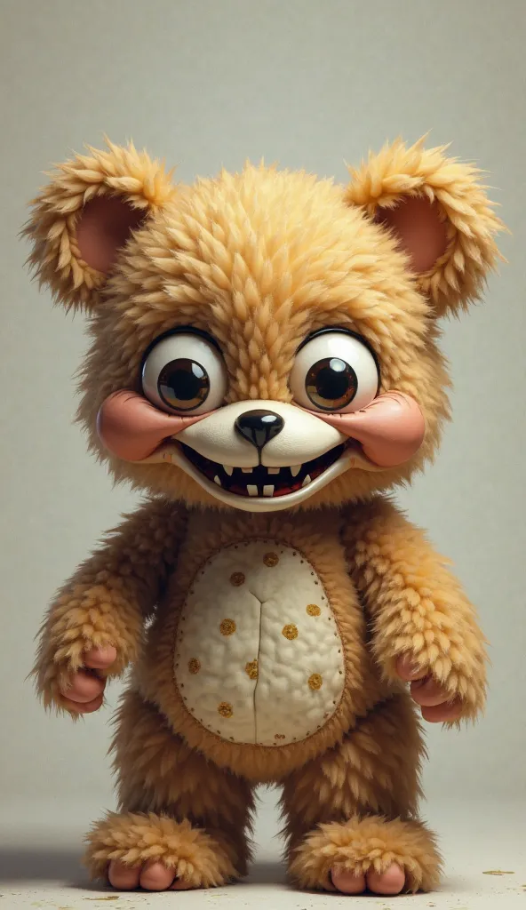 A friendly-looking teddy bear, but its eyes are too human and its smile is unsettlingly wide.