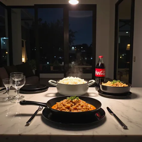 at night, above the white marble dining table, Gray pot with rice and another pot with stroganoff, two black plates with cutlery, A 2L coca cola encima da mesa, two glasses next to the plates, in modern house interior with white walls, large glass windows ...