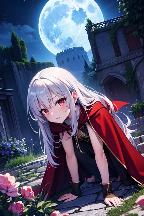 A naked vampire wearing a cloak、Small breasted girl、 thin hands and feet、Bloody、night、 full moon、 Look Down、Long silver hair、Red Eyes、 cheeky face、Full Body Image、Stand on high ground、low angle