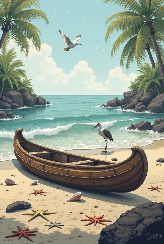 Canoe on a beach, sea gull, heron, starfish, crab and fish bones, coconut trees, waves rock scene