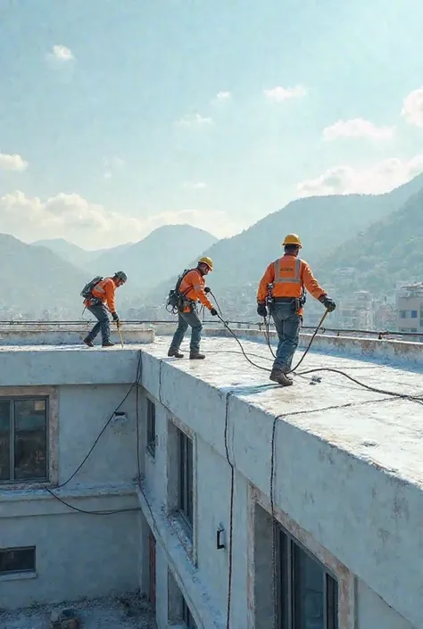 People working on waterproofing roofs