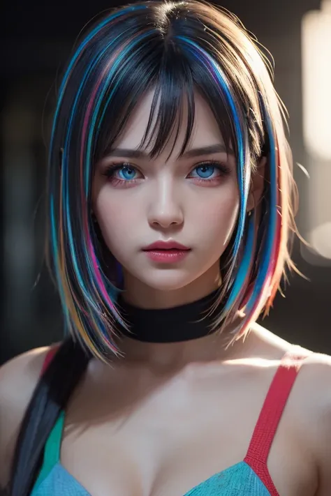 {{Masterpiece}},  best quality ,  Highly Detailed CG Unity 8K Wallpaper,  Cinematic Lights,  lens flare ,  beautiful detail eyes , black,  Sideways glance,   multi colored hair,  colorful  light, particle, Heterochromia, ( colorful :1.5), ( colorful  hair:...