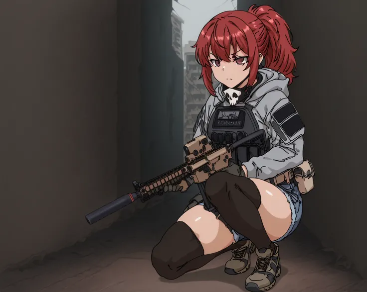 A tactical anime-style adult female soldier wearing tactical gear with a fleshy, glamorous figure。 red hair 。Hairstyle like a widow does。 dark eyes。 serious expression。skull face mask。wear gray tactical armor over a gray hooded jacket、black thigh high sock...