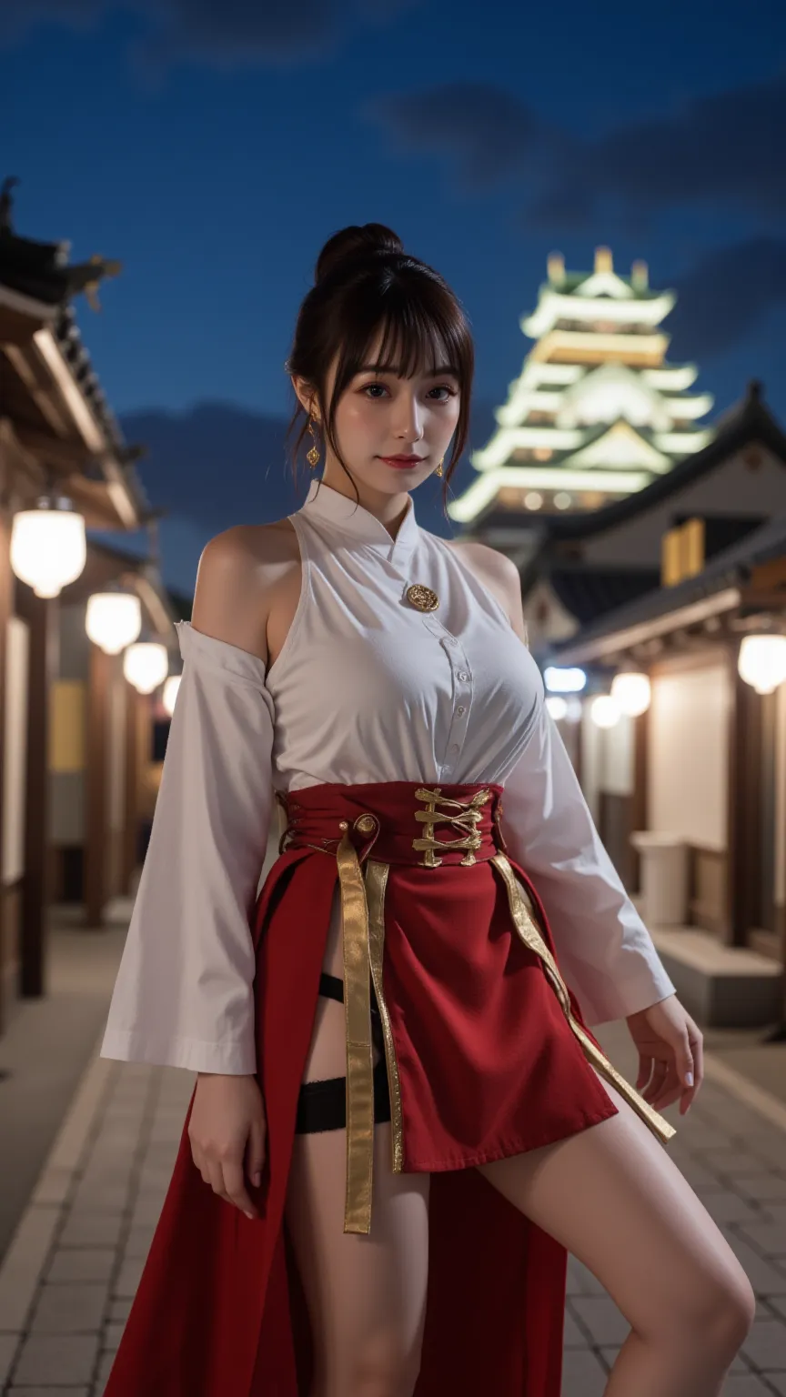  top quality,Photogenic Clarity,8K ultra-high resolution,Best Picture Quality、 masterpiece,   very detailed skin  ,  Detailed Clothing Characteristics ,   high definition model , There is a large Japanese castle in the background,Edo Castle Town illuminate...