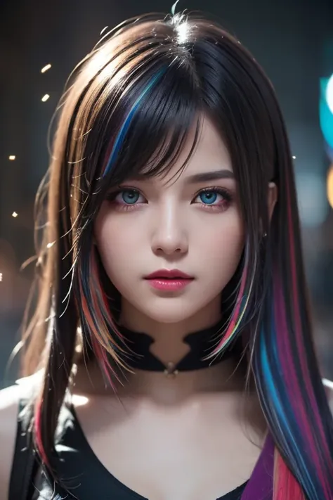 {{Masterpiece}},  best quality ,  Highly Detailed CG Unity 8K Wallpaper,  Cinematic Lights,  lens flare ,  beautiful detail eyes , black,  Sideways glance,   multi colored hair,  colorful  light, particle, Heterochromia, ( colorful :1.5), ( colorful  hair:...