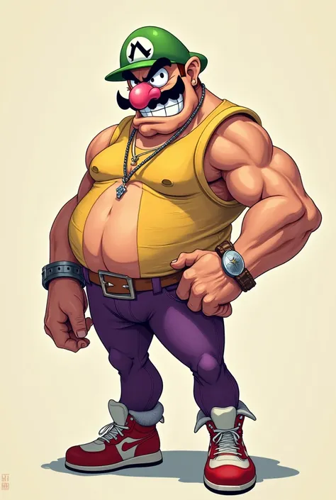 Generate me an image of Wario in 2D anime style but he's skinny and muscular, dont overdo it.