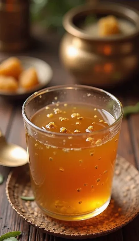 "A close-up of a glass bowl filled with jaggery-mixed water, showing its rich golden-brown color. The liquid appears slightly thick with small jaggery particles floating, and light reflections adding a warm glow. The background is softly blurred, featuring...