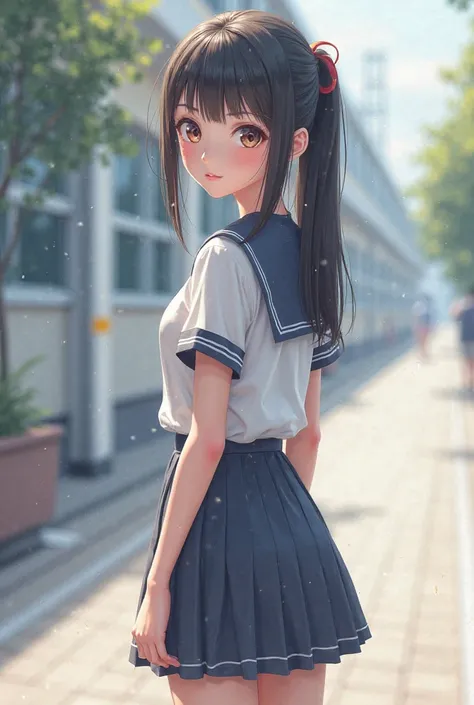 Japanese high school girl who is petite, has small breasts, and has bangs above her eyebrows and a ponytail