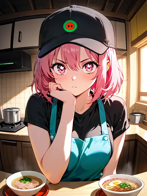 ((((  masterpiece)))), (((( top quality)))),  high resolution,fine grain, detailed faces,1 girl,pink hair,short hair, counter during payment,Serious,sling, black hat, sharp eyes,heart eye, ramen shop,kitchen,I'm making ramen,They serve ramen to customers, ...