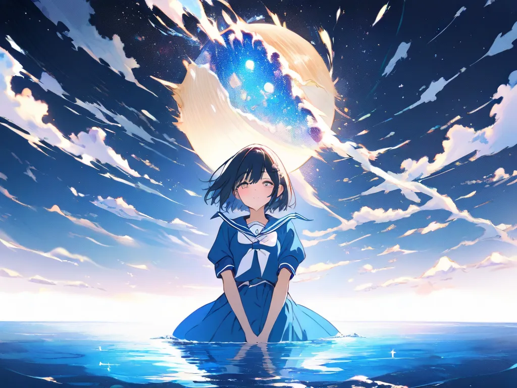 An anime-style girl dressed as a sailor stands at the bow of a luxurious, beautifully decorated passenger ship based on white.
The vast sea and sky are a vivid blue, stretching endlessly, and the calm sea reflects the sunlight, shining brightly.
She has a ...