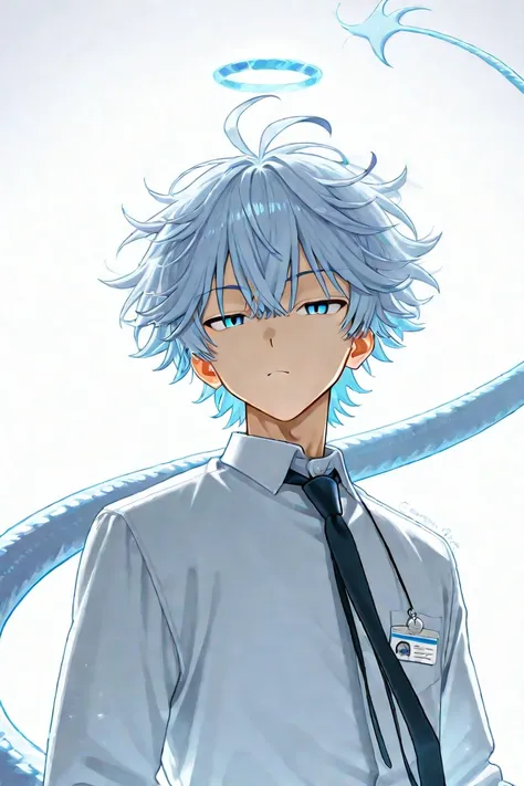 ((1boy)),brown hair, medium hair,Straight bangs, messy hair, light blue eyes, cold expression, school clothes,indifferent eye, tie, upper body, white background,Long, tail