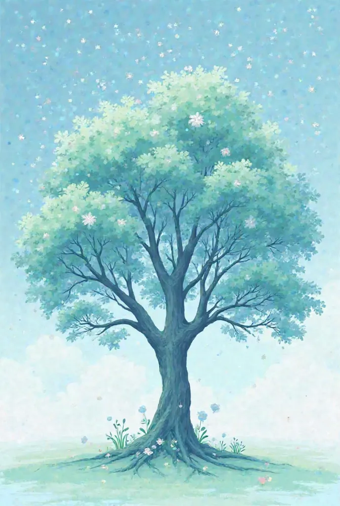 Fais-moi un arbre généalogique pour obligatoirement neuf personnes, il doit être sur le thème des étoiles, des nuages et un petit peu de fleurs, avec comme couleur bleu claire et vert d’eau ,se rapprochant du bleu. En style aquarelle. Il doit y avoir aucun...