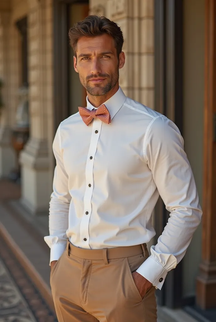 Create an image of a groomsman, wearing white dress shirt with long sleeve folded, , rosé bow tie and light brown twill pants