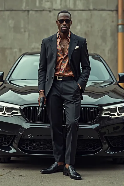 black guy dressed in old-style money stands next to a BMW M5 car in black The guy holds a weapon in his hand 