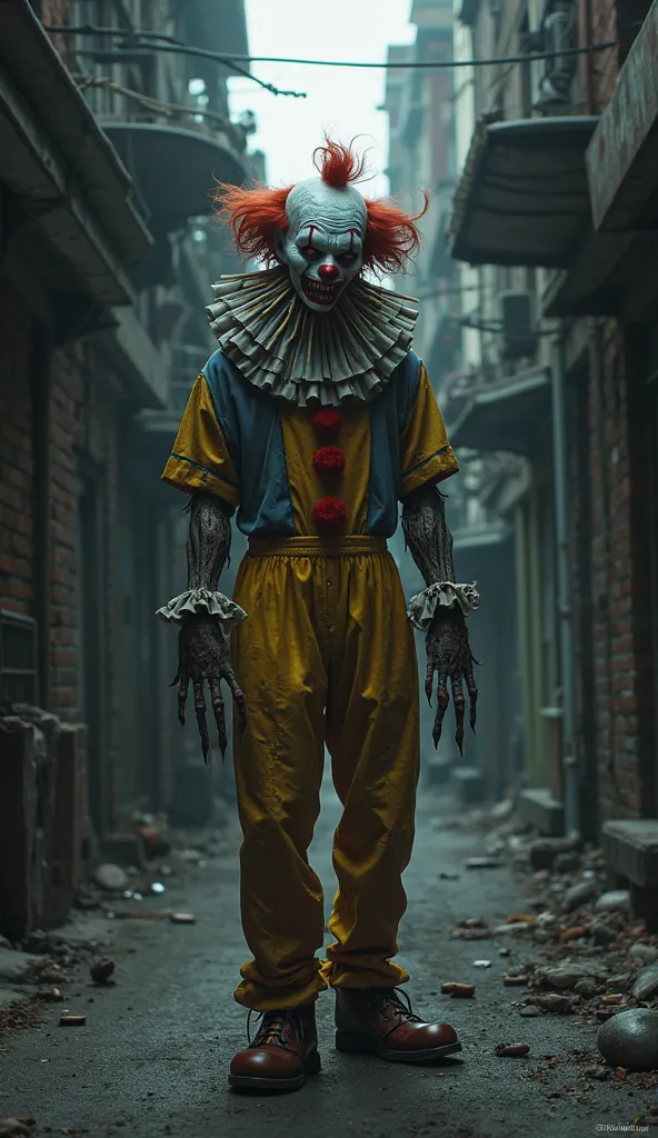 A clown standing in a dark alley, but its face is made entirely of hands.