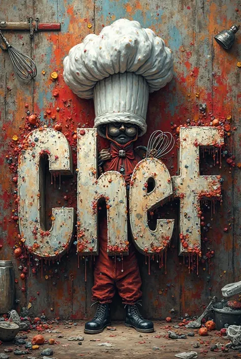 Word CHEF in graffiti and cooking equipment integrated into the letters 