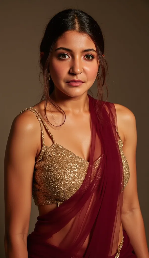 Generate a ultra realistic close up front image of a woman in a maroon fully transparent sleeveless saree. She is wearing a golden shimmering blouse. It has no sleeves and has a golden satin finish. The woman is giving a sexy, seductive and bold look.