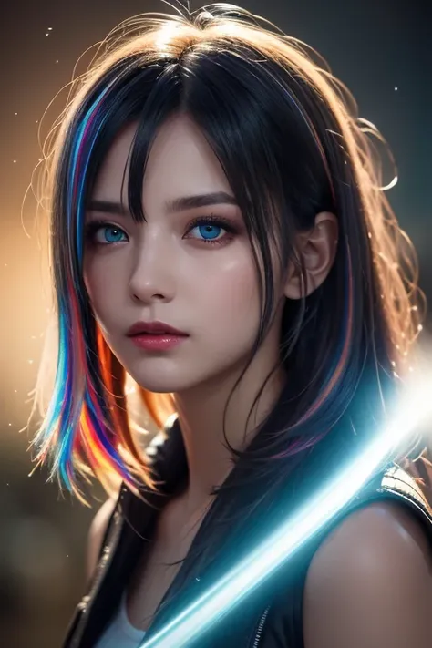 {{Masterpiece}},  best quality ,  Highly Detailed CG Unity 8K Wallpaper,  Cinematic Lights,  lens flare ,  beautiful detail eyes , black,  Sideways glance,   multi colored hair,  colorful  light, particle, Heterochromia, ( colorful :1.5), ( colorful  hair:...