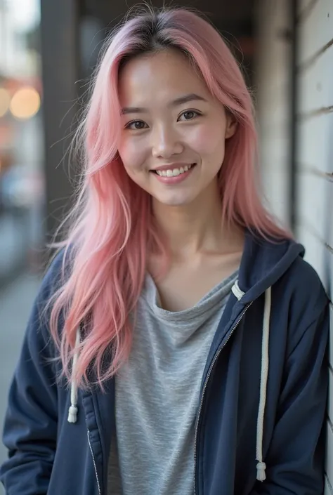 The woman japanese in the picture has pink hair long, light skin and a friendly smile. She wears a gray blouse under a dark blue hoodie. Your look is casual and relaxed, conveying a friendly and approachable appearance. Sony Alpha a7R IV 35mm f, hyperreali...