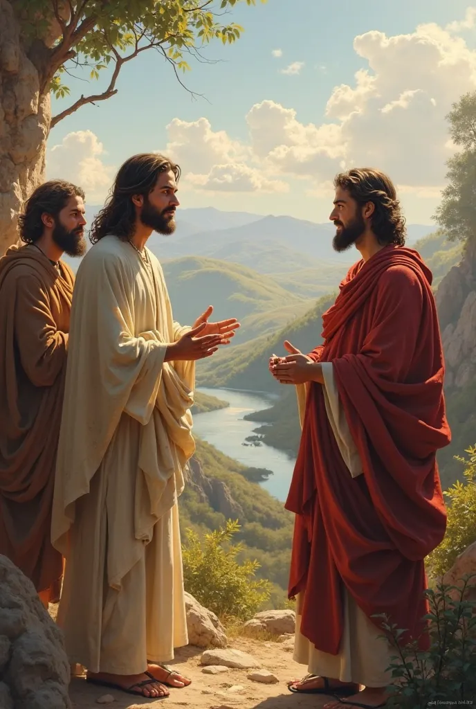 Create an image of Jesus talking to John and Peter, a biblical character