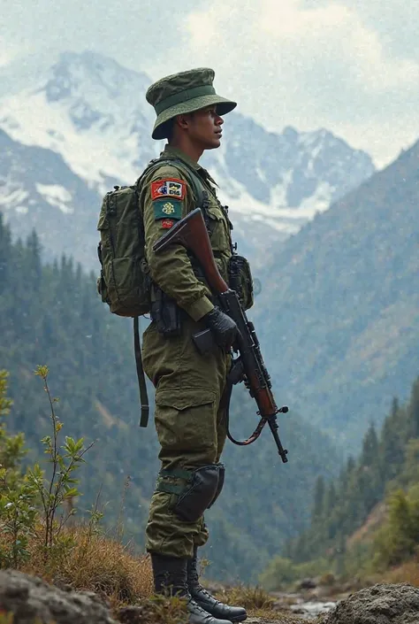 Nepali army  soldier looking left side  with his weapon rifle  carrying 